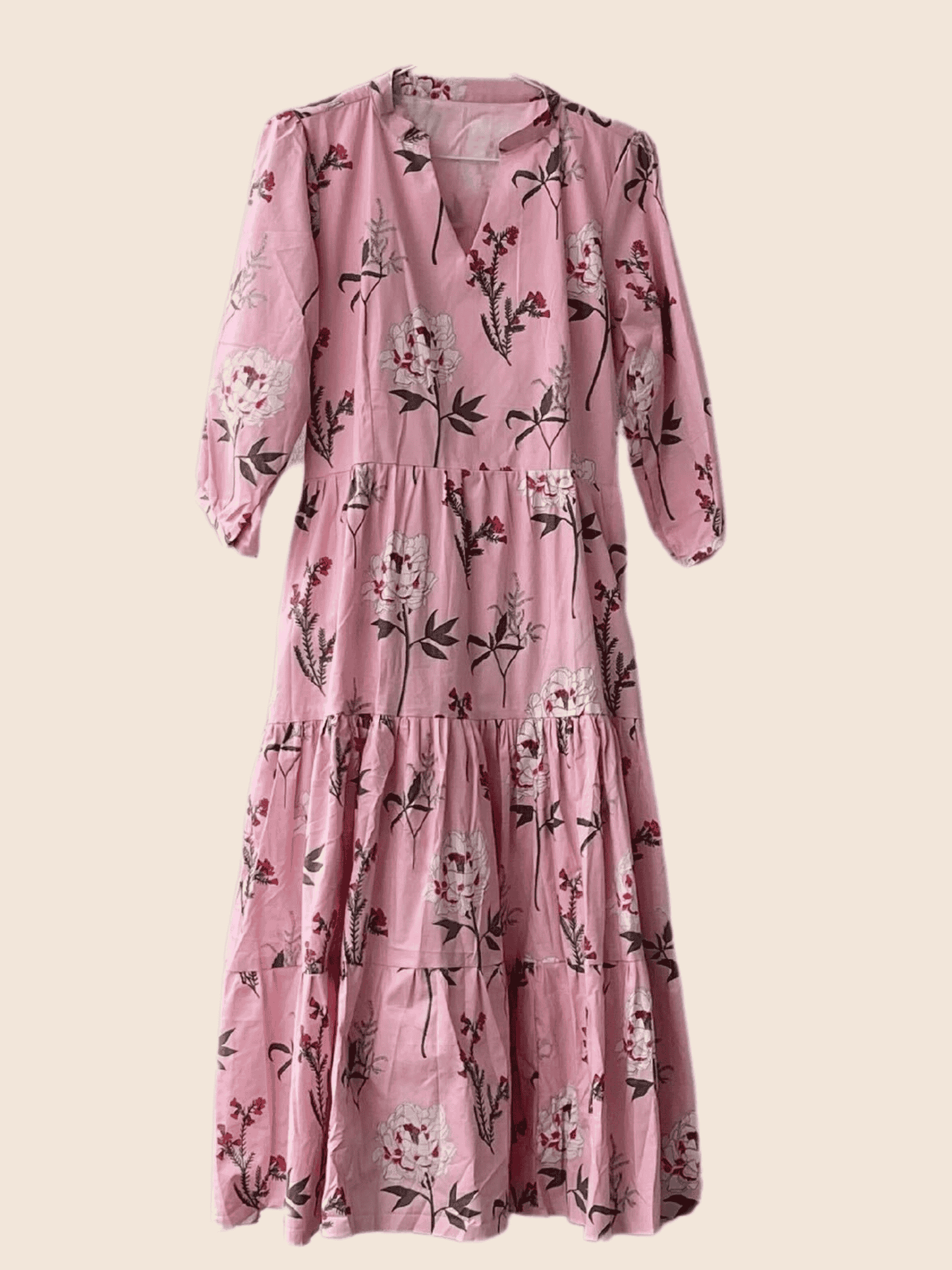 Maya Boho Tiered Pink Floral Cotton Maxi Dress