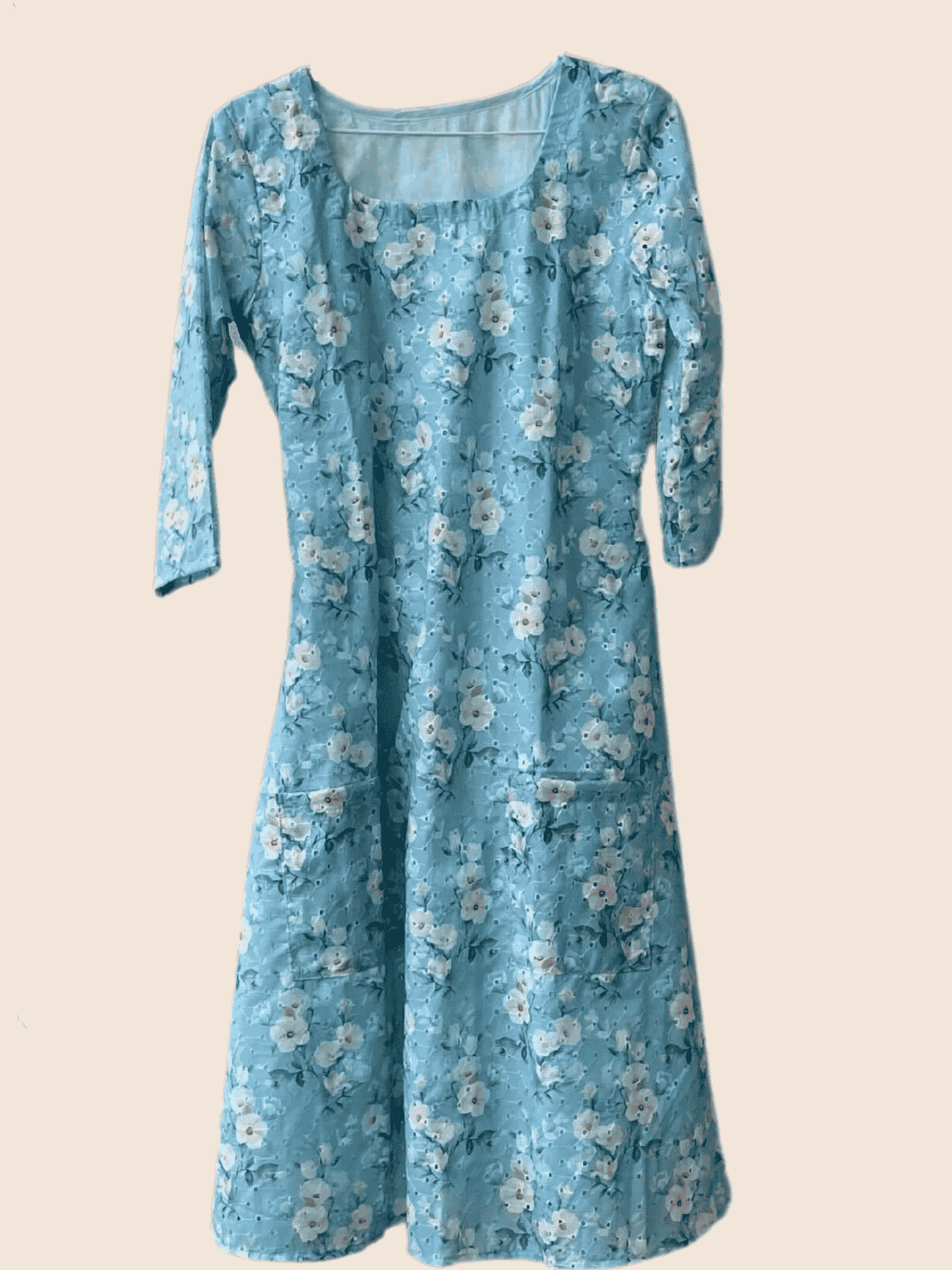 Aurora Blue Floral Long Sleeve Cotton Maxi Dress with Pockets