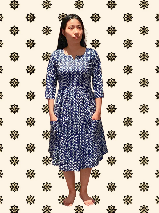 Maisie Blue Long Sleeve Cotton Maxi Dress with Pockets