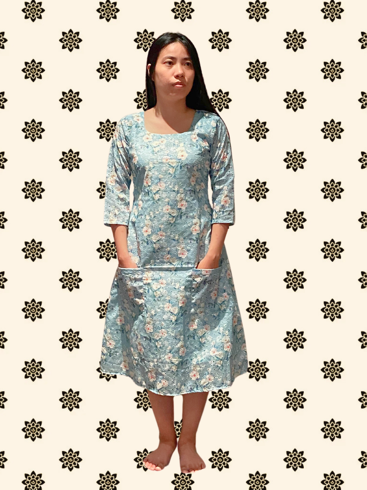 Aurora Blue Floral Long Sleeve Cotton Maxi Dress with Pockets