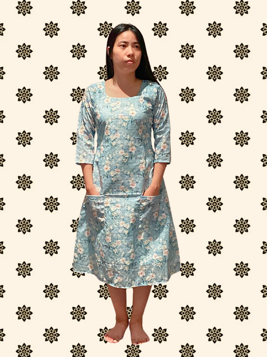 Aurora Blue Floral Long Sleeve Cotton Maxi Dress with Pockets