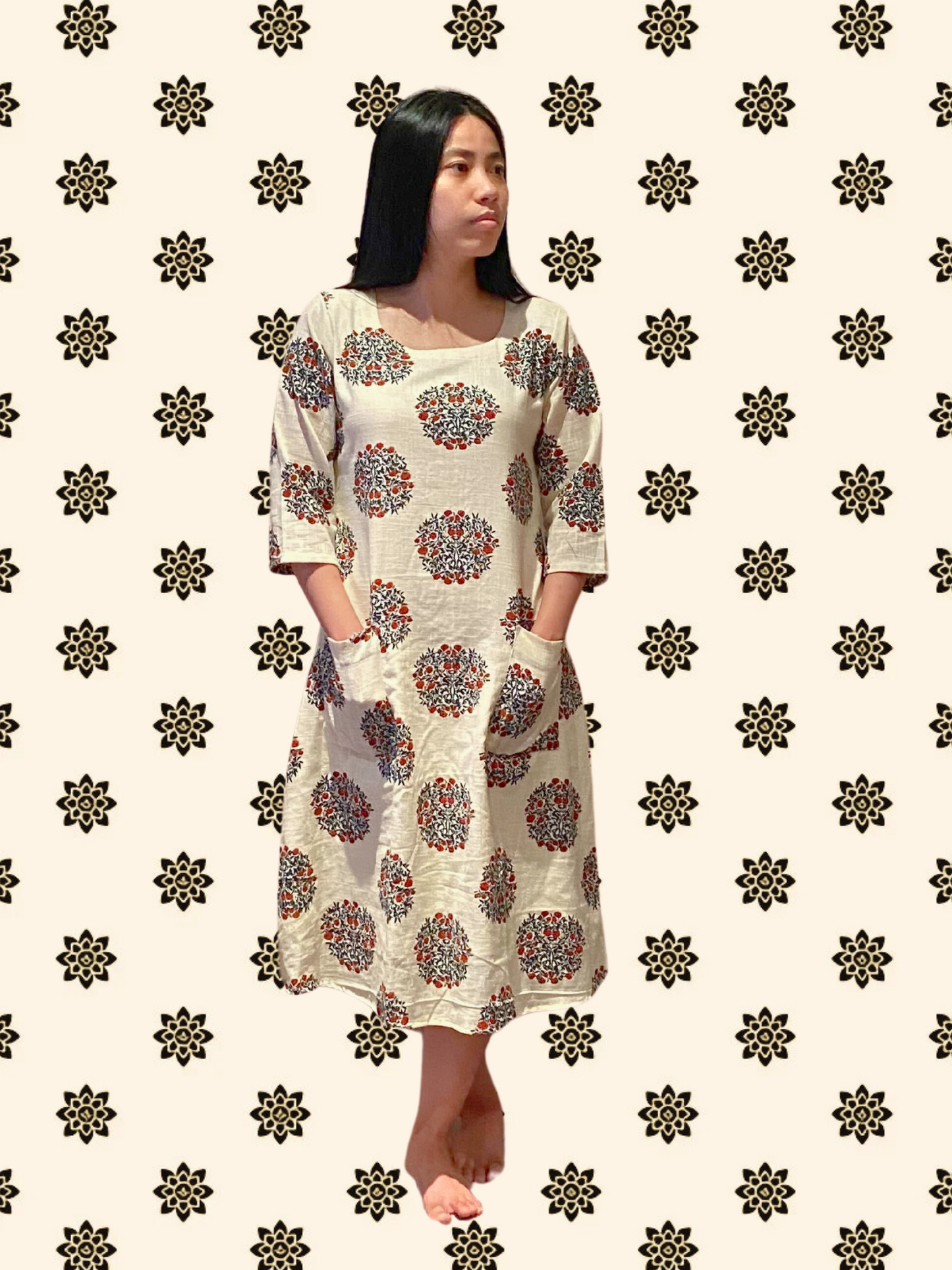 Aurora Cream Floral Long Sleeve Cotton Maxi Dress with Pockets