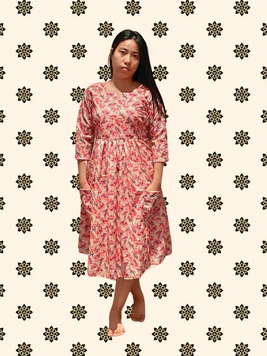 Maisie Pink Floral Long Sleeve Cotton Maxi Dress with Pockets