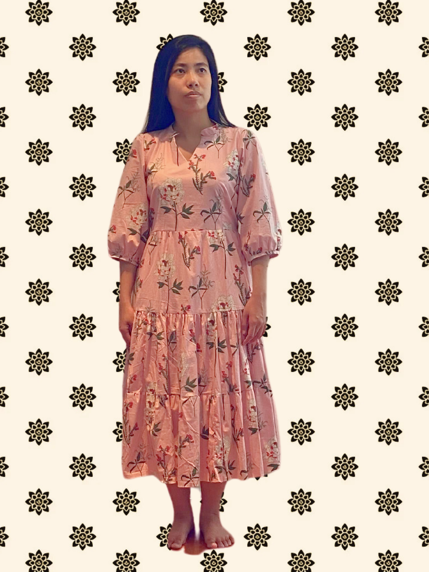 Maya Boho Tiered Pink Floral Cotton Maxi Dress