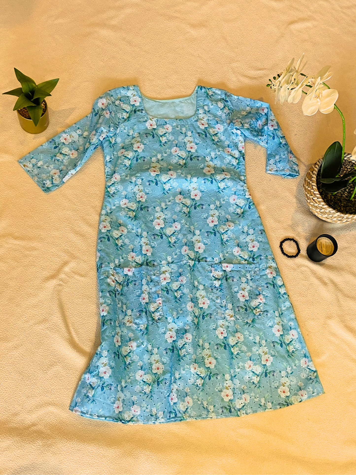 Aurora Blue Floral Long Sleeve Cotton Maxi Dress with Pockets