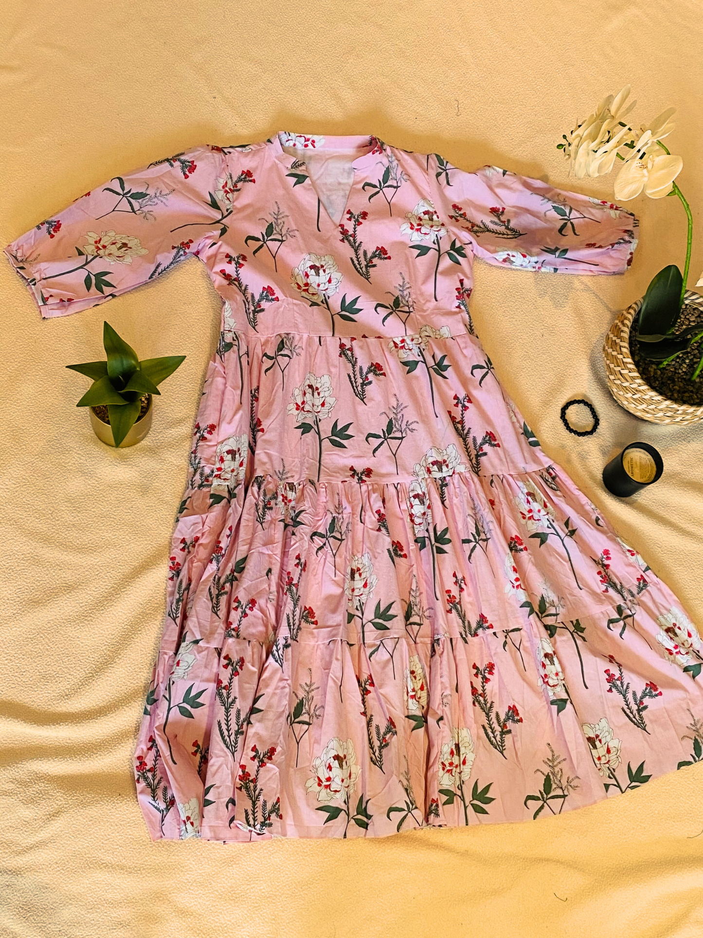 Maya Boho Tiered Pink Floral Cotton Maxi Dress