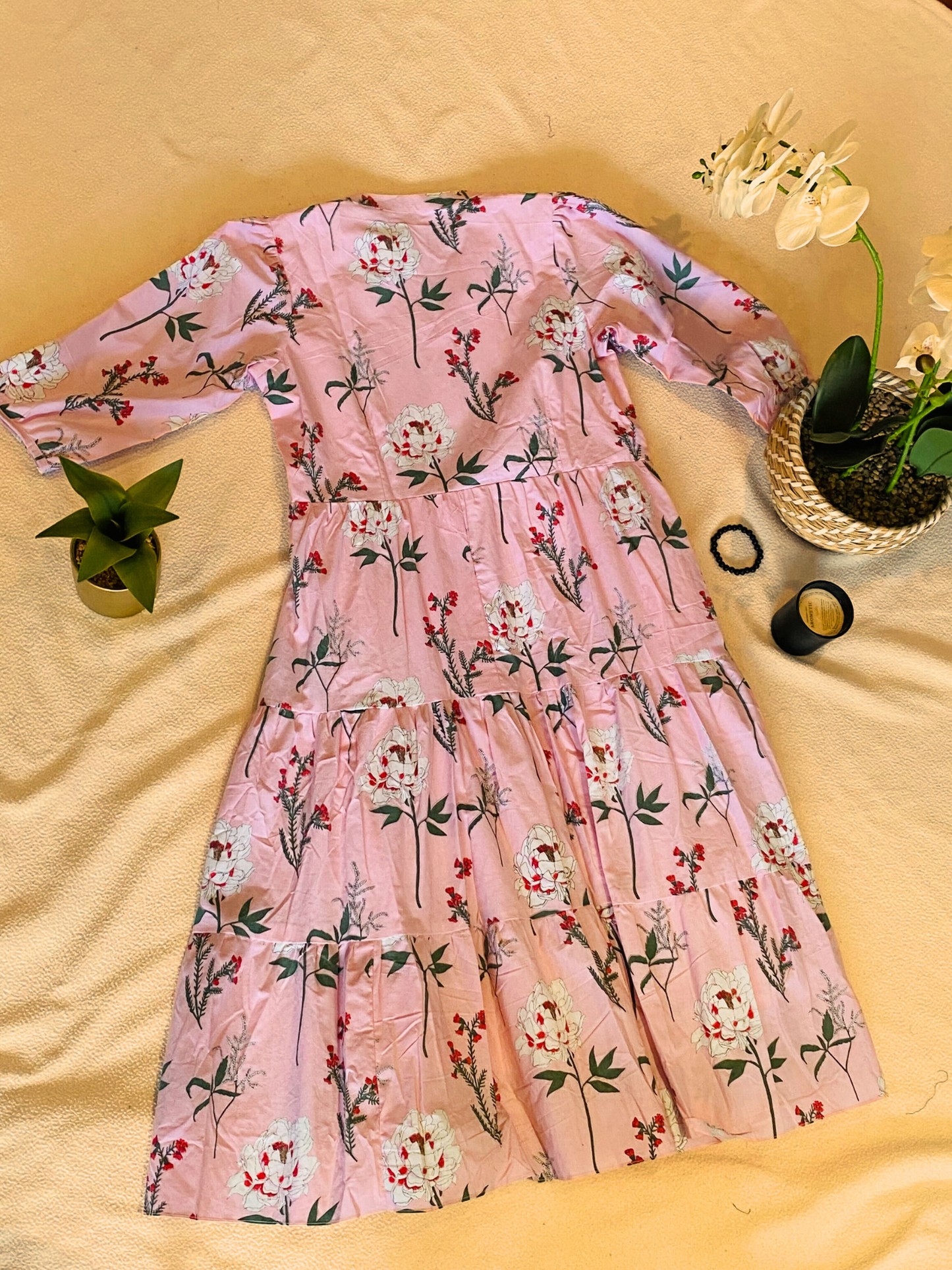 Maya Boho Tiered Pink Floral Cotton Maxi Dress