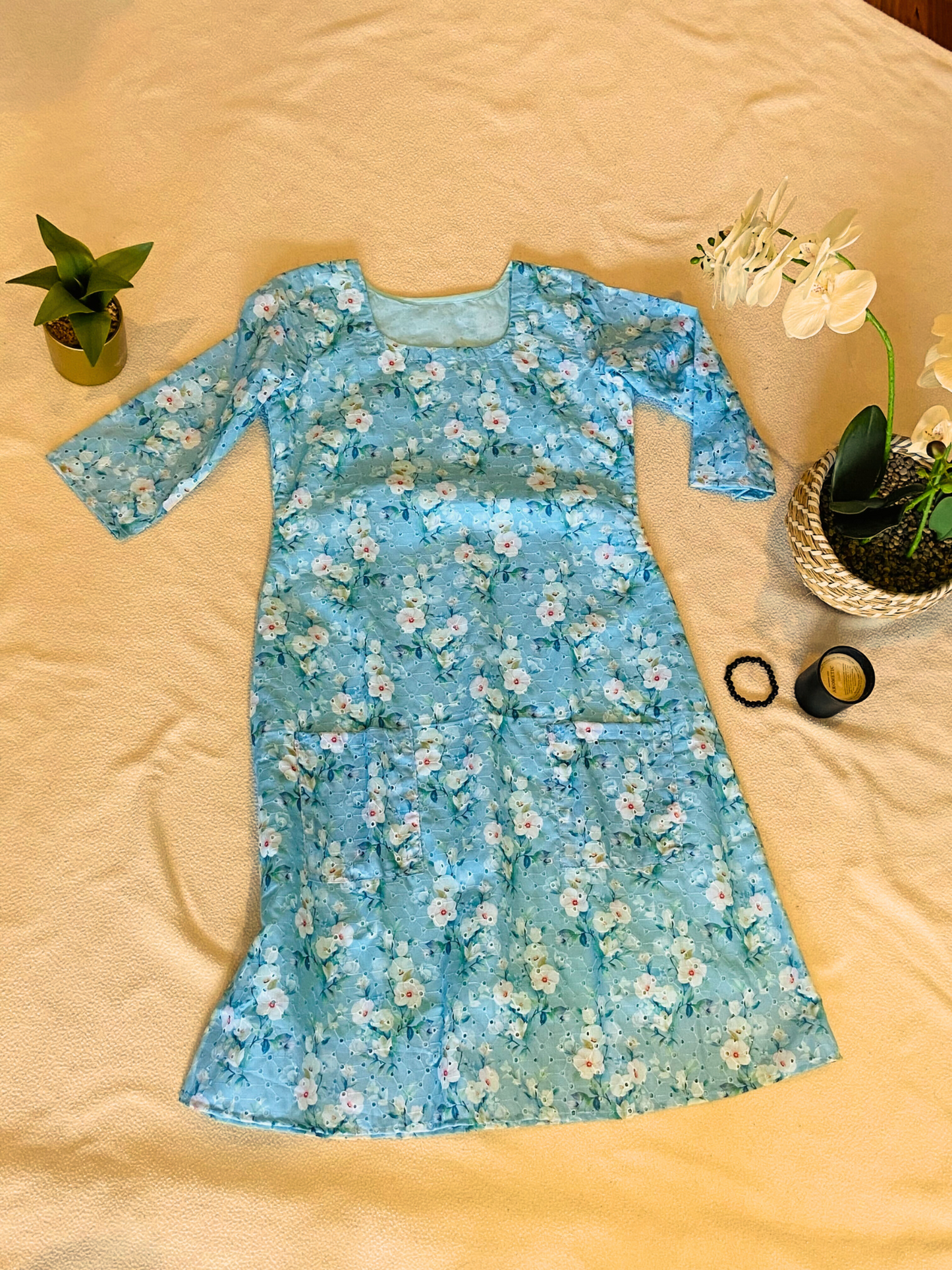 Aurora Blue Floral Long Sleeve Cotton Maxi Dress with Pockets